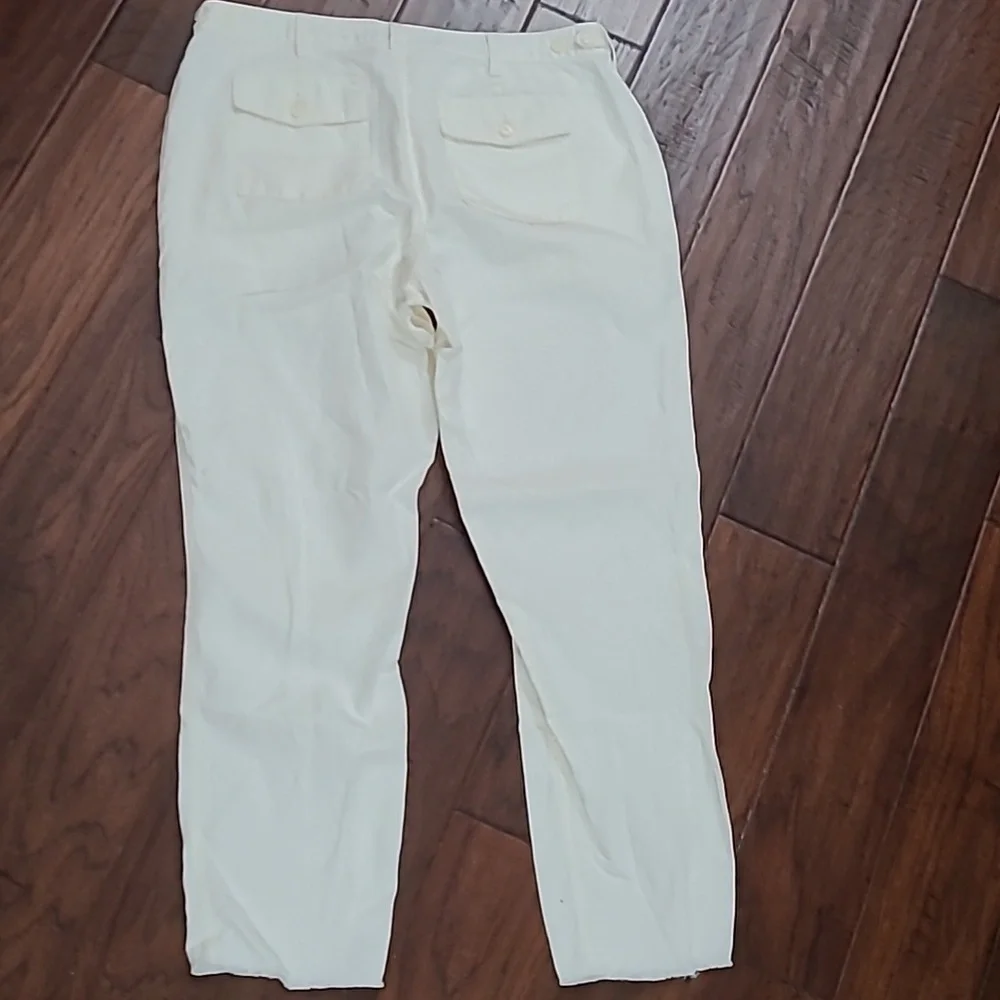 Kaari Blue Cream Linen Blend Ankle Pants with Fringe Hem size 12
